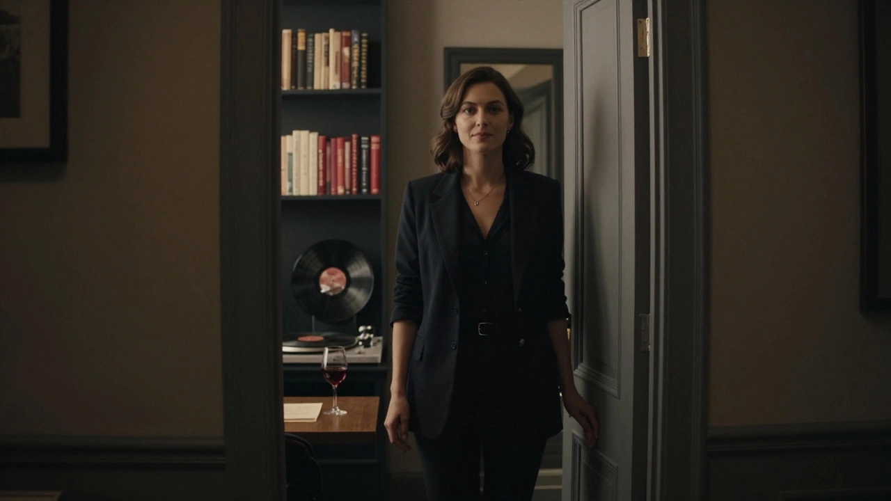 A woman stands gently holding open a door in a discreet Paris hotel hallway, calm and welcoming.