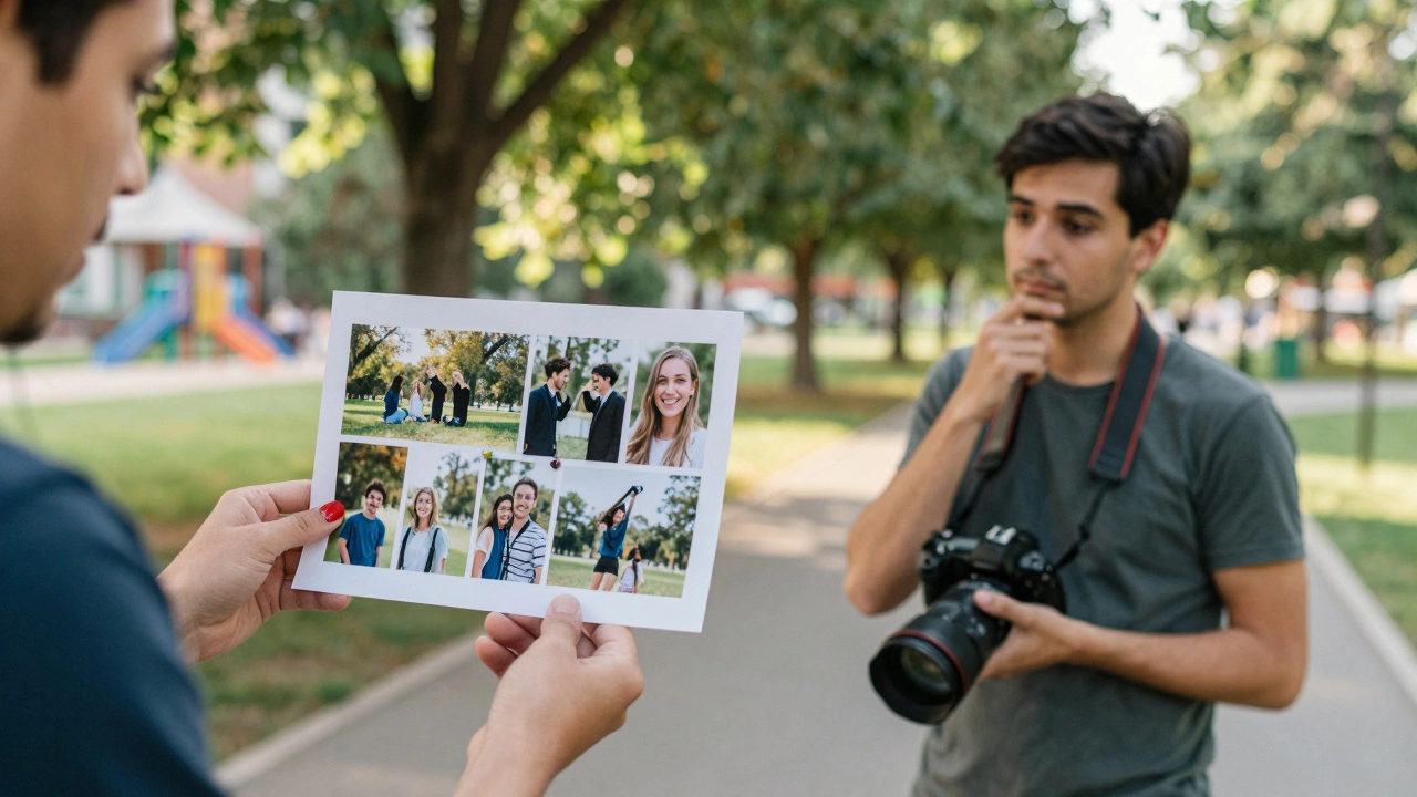 Parent handing photographer a mood board as they discuss shot ideas under tree-lined light.
