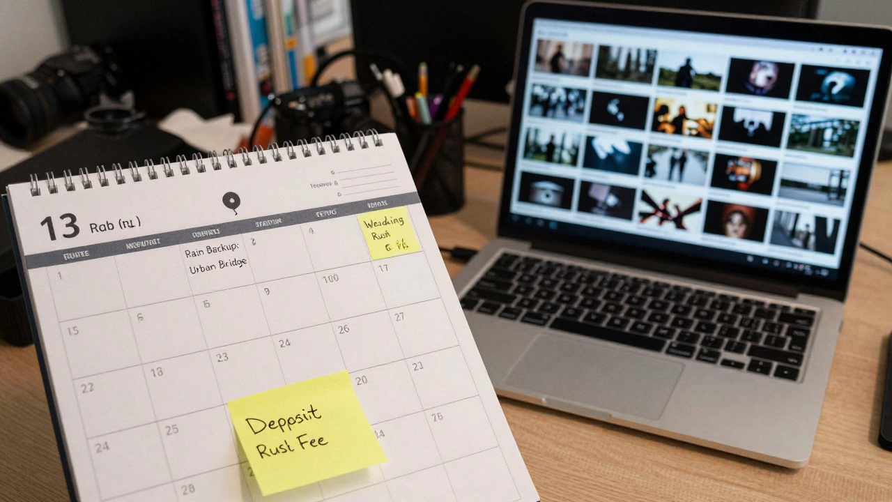 Photographer&#039;s calendar and laptop showing hundreds of raw images in a cluttered workspace.
