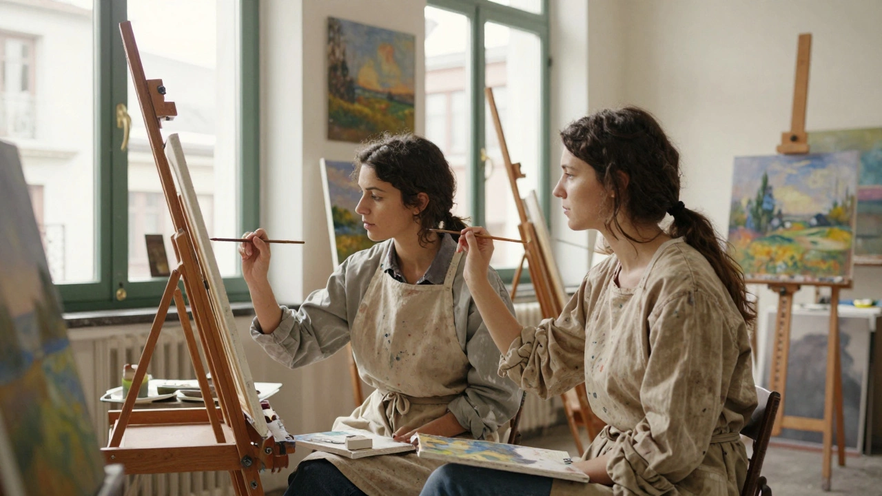 Two people paint together in a sunlit Montmartre atelier, focused on their artwork in peaceful silence.